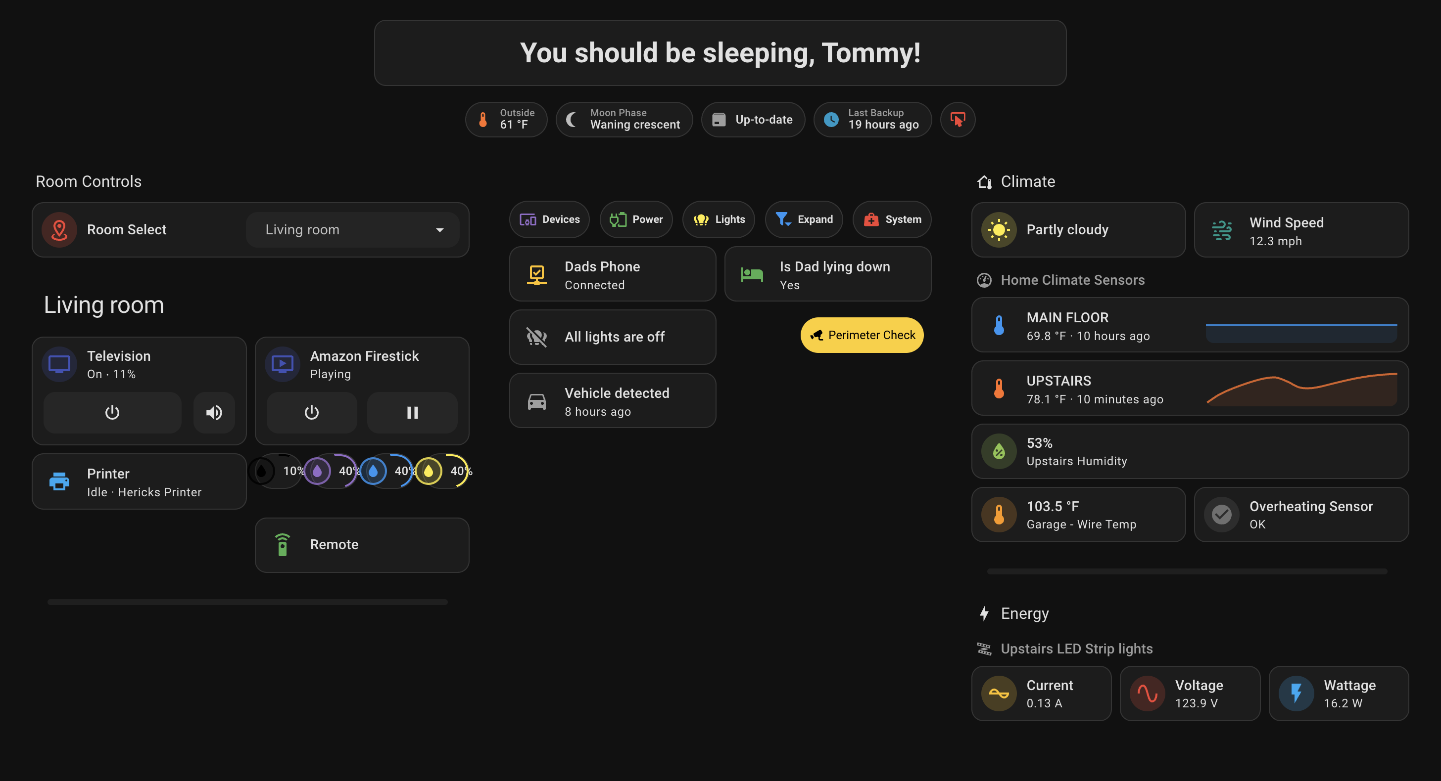 Home Assistant room control dashboard with climate, devices, and energy panels